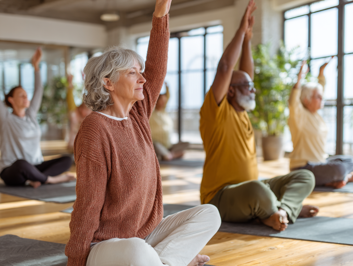Люди різного віку займаються вправами для суглобів на природі